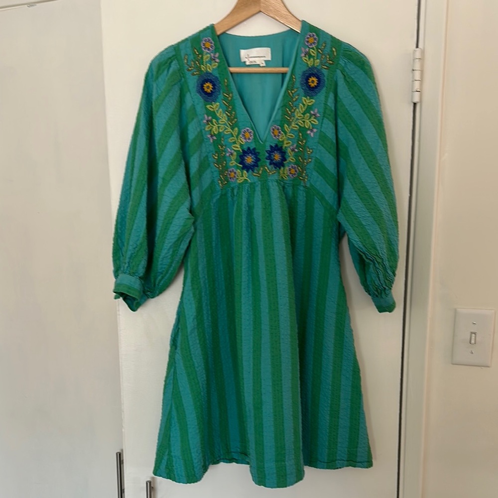 By Anthropologie green and blue striped embroidered mini dress
